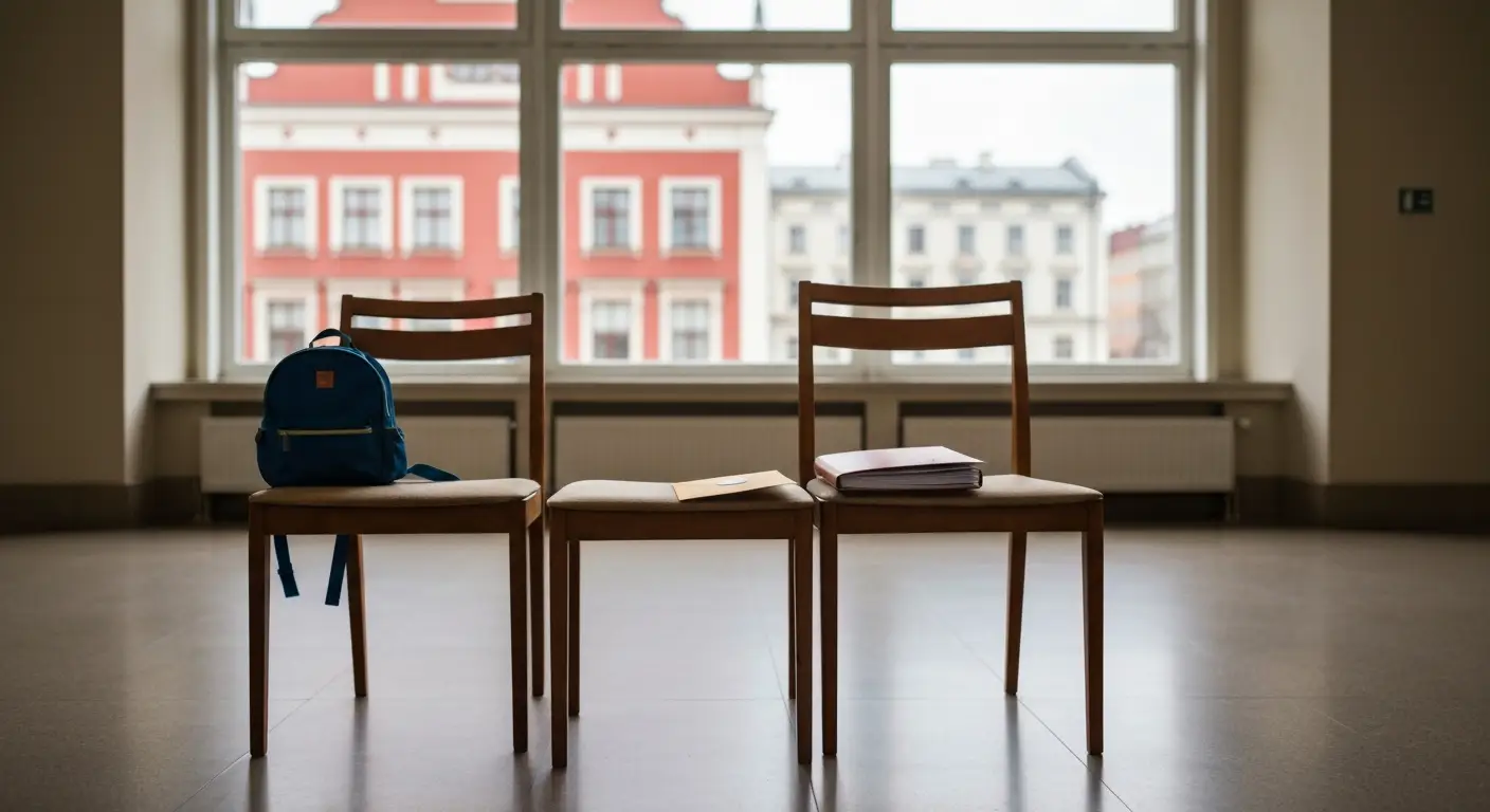 Plecak dziecka i dwa krzesła w korytarzu sądowym w Olsztynie