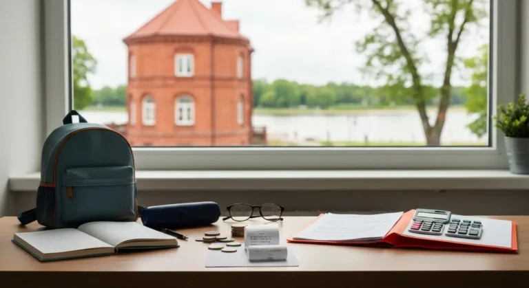 Dokumenty i wydatki dziecka na stole na tle olsztyńskiej zabudowy