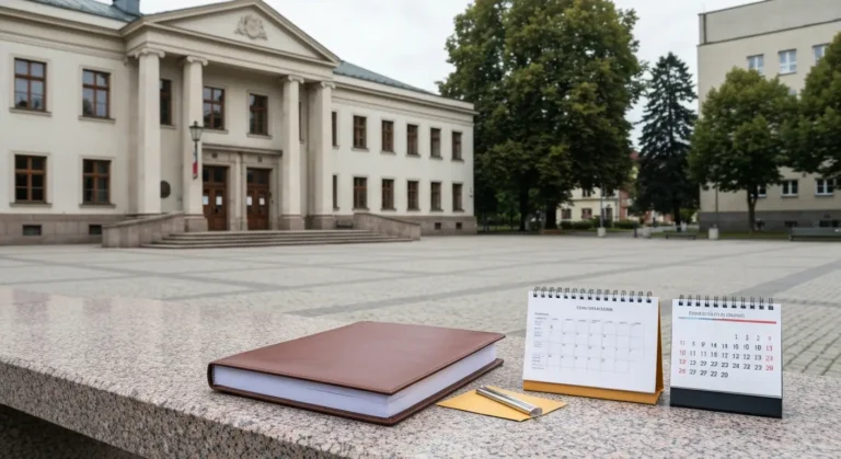 Teczka z dokumentami apelacyjnymi przed budynkiem sądu w Olsztynie