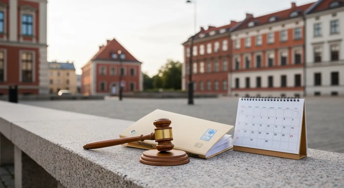 Młotek sędziowski i akta apelacji frankowej przed gmachem sądu w Olsztynie