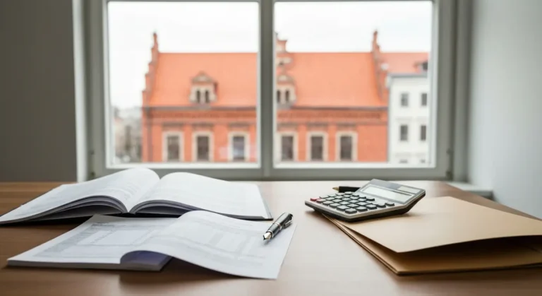 Dokumenty kredytu CHF, kalkulator i zestawienie wpłat na biurku w kancelarii w Olsztynie
