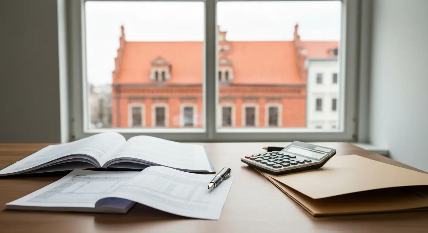 Dokumenty kredytu CHF, kalkulator i zestawienie wpłat na biurku w kancelarii w Olsztynie