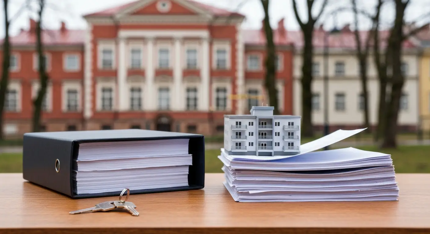 Dokumenty kredytowe, klucze i makieta mieszkania na stole w kancelarii w Olsztynie