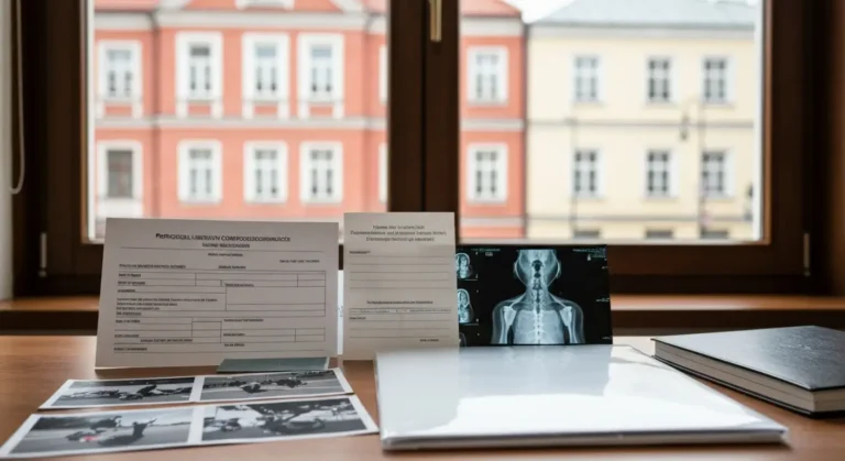 Teczka z dokumentacją medyczną, rachunkami i zdjęciami po wypadku na biurku w Olsztynie