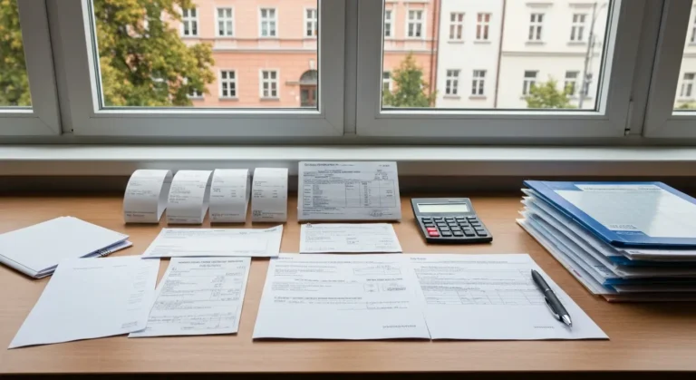 Uporządkowane rachunki, zaświadczenia i dokumenty przygotowane do pozwu o alimenty w Olsztynie