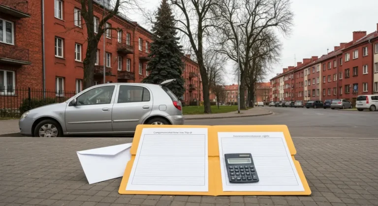 Uszkodzony samochód i dokumenty kosztorysu naprawy na ulicy w Olsztynie