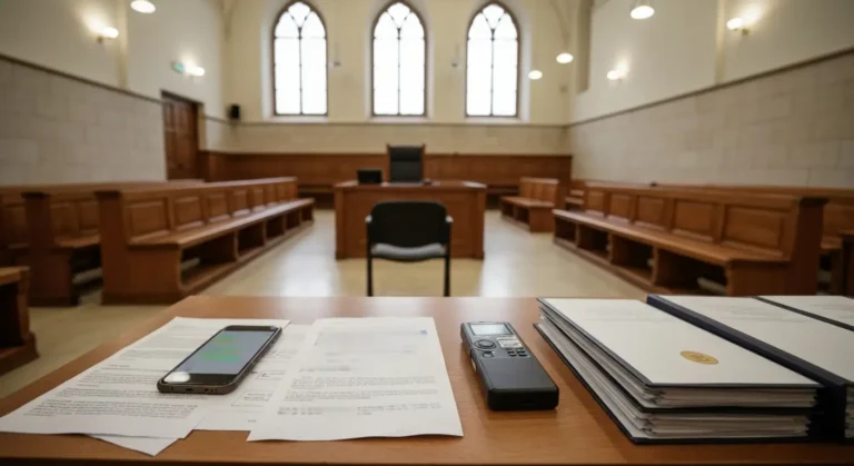 Stół z dowodami w sali sądowej w Olsztynie - telefon, dokumenty i puste krzesło świadka