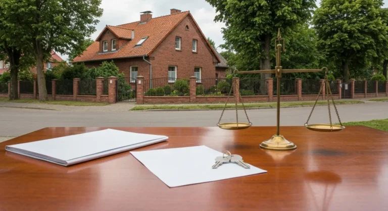 Dom na spokojnej ulicy Olsztyna z dokumentami, kluczami i wagą symbolizującymi dział spadku