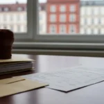 Akta sprawy cywilnej z pieczęcią sądową na biurku w kancelarii w Olsztynie