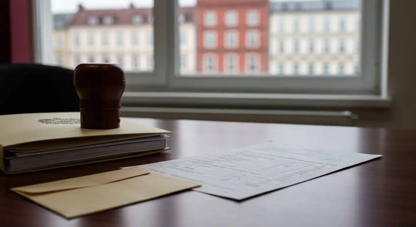 Akta sprawy cywilnej z pieczęcią sądową na biurku w kancelarii w Olsztynie