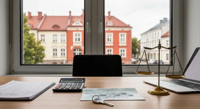 Dokumenty księgowe, kalkulator i klucze na stole podczas wyceny firmy przy podziale majątku