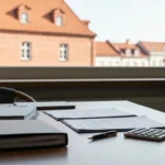 Stół w kancelarii z dokumentami i kalkulatorem, w tle zabudowa starego miasta w Olsztynie