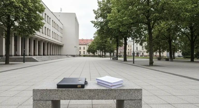 Aktówka i dokumenty przed budynkiem sądu w Olsztynie