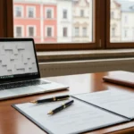 Biurko w kancelarii w Olsztynie z dokumentami, laptopem i umową do weryfikacji radcy prawnego