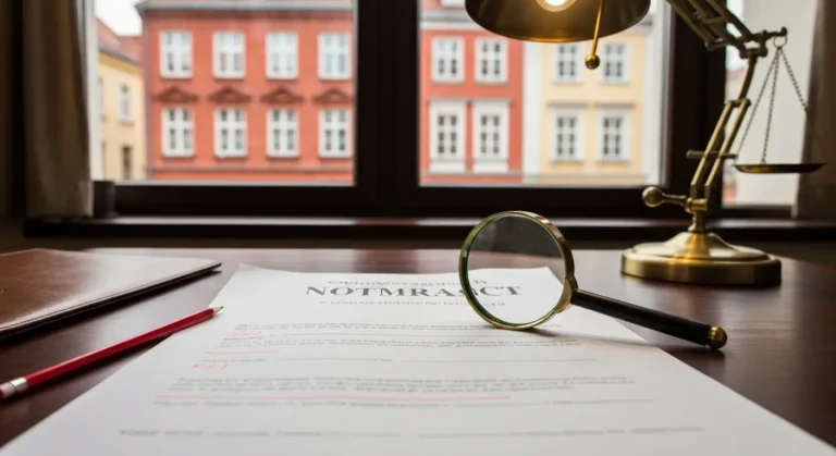 Umowa konsumencka z lupą i zaznaczonymi klauzulami na biurku w kancelarii w Olsztynie