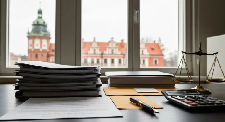 Akta sprawy rozwodowej, kalkulator i dokumenty kosztowe w kancelarii w Olsztynie