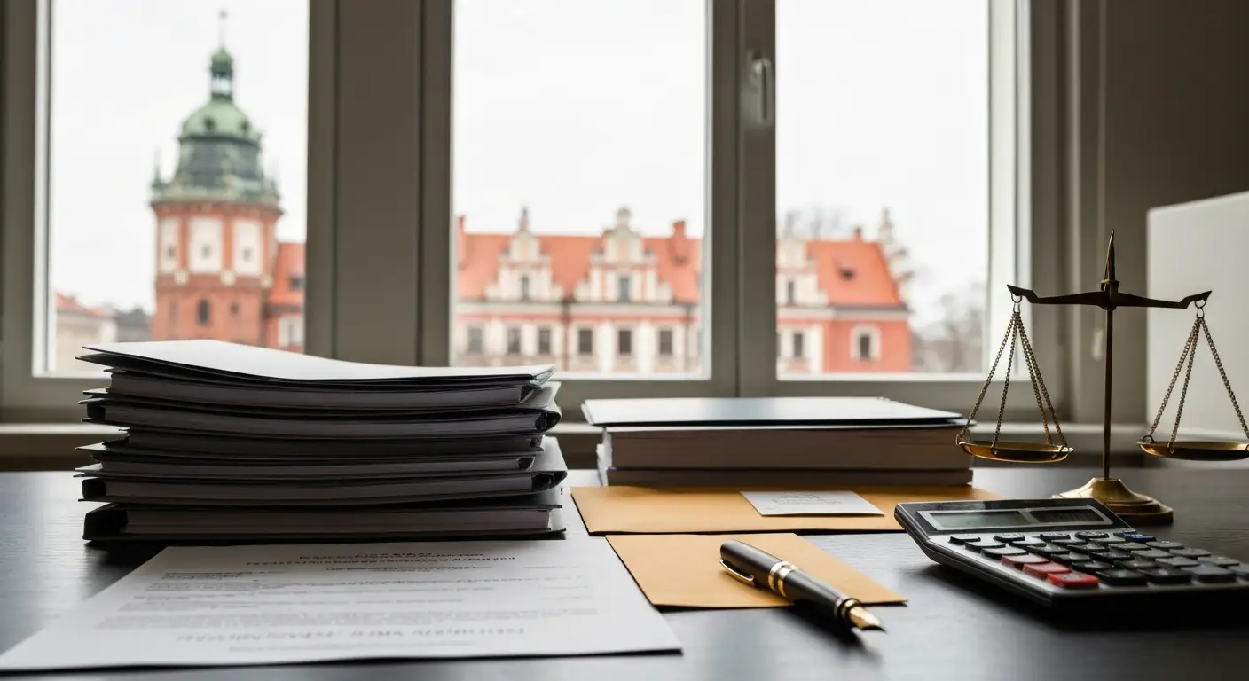 Akta sprawy rozwodowej, kalkulator i dokumenty kosztowe w kancelarii w Olsztynie