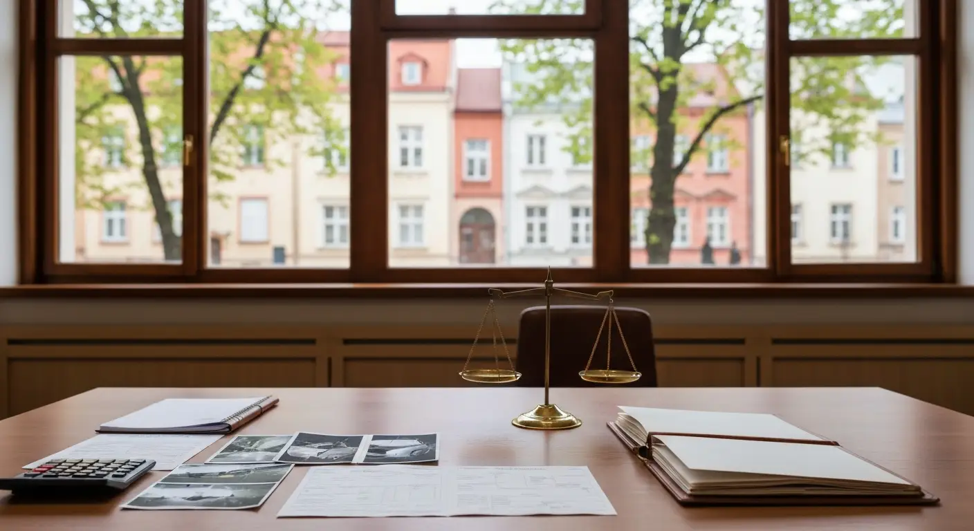 Dokumenty kosztów sprawy o odszkodowanie na stole w sądzie w Olsztynie