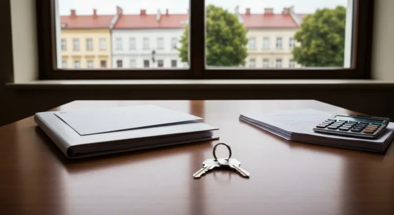 Dokumenty wyceny mieszkania, klucze i kalkulator na stole w tle zabudowy Olsztyna