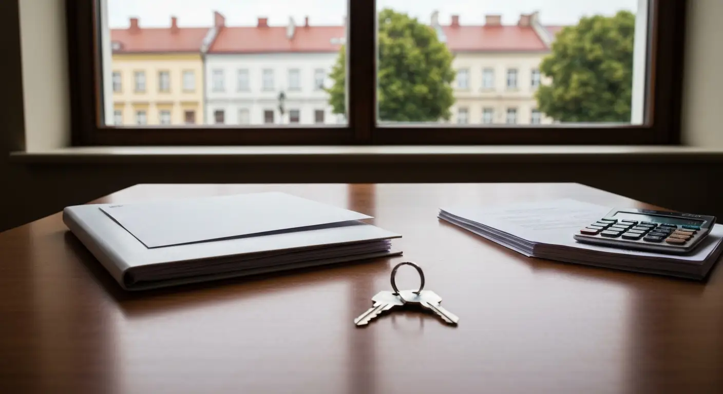 Dokumenty wyceny mieszkania, klucze i kalkulator na stole w tle zabudowy Olsztyna