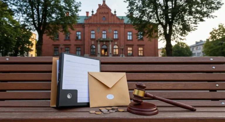 Akta sprawy rozwodowej, monety i młotek sędziowski przed gmachem sądu w Olsztynie