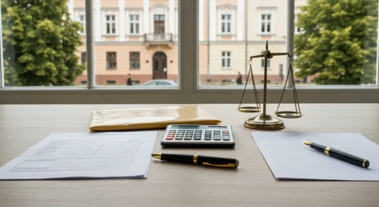 Akta sprawy o alimenty z dokumentami i kalkulatorem na tle zabudowy Olsztyna