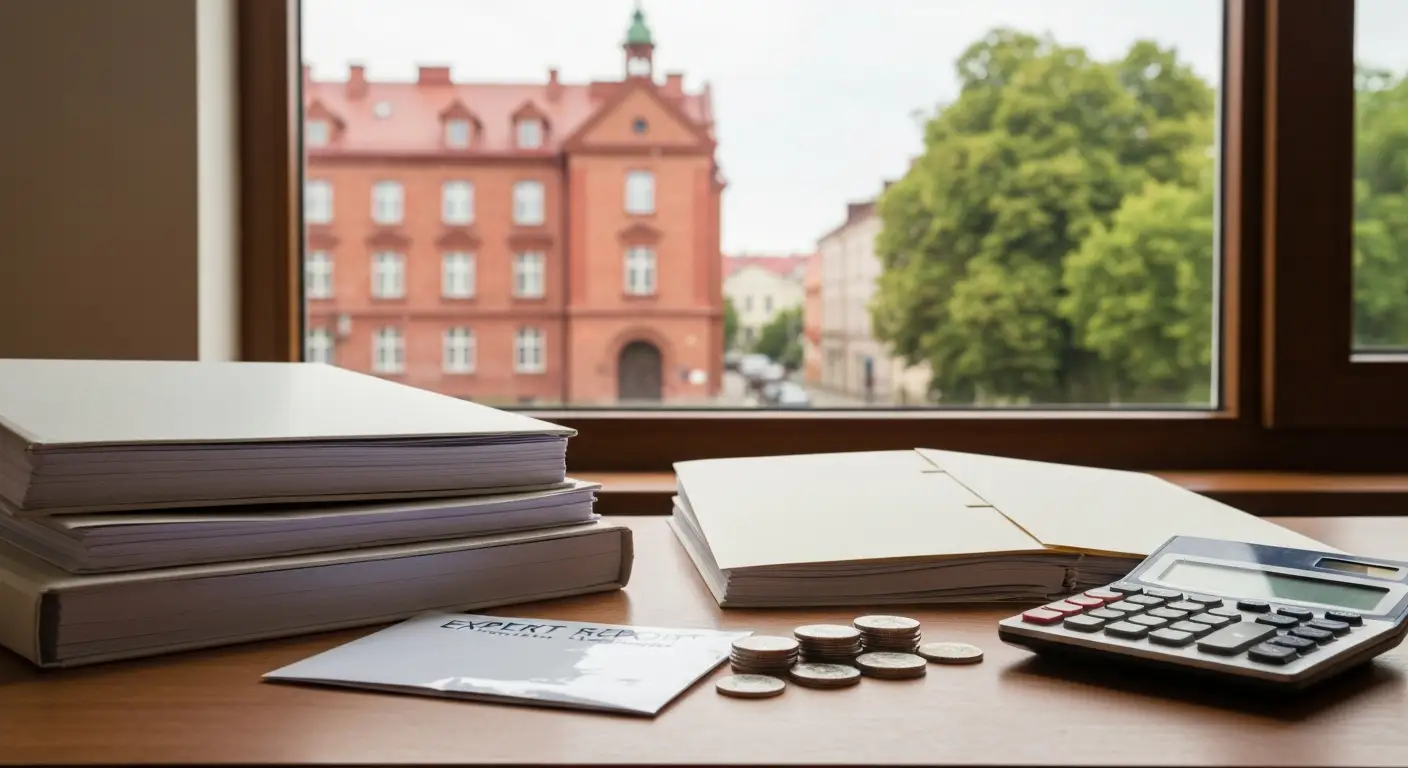 Akta sprawy o zapłatę, kalkulator i koszty sądowe na biurku z widokiem na Olsztyn