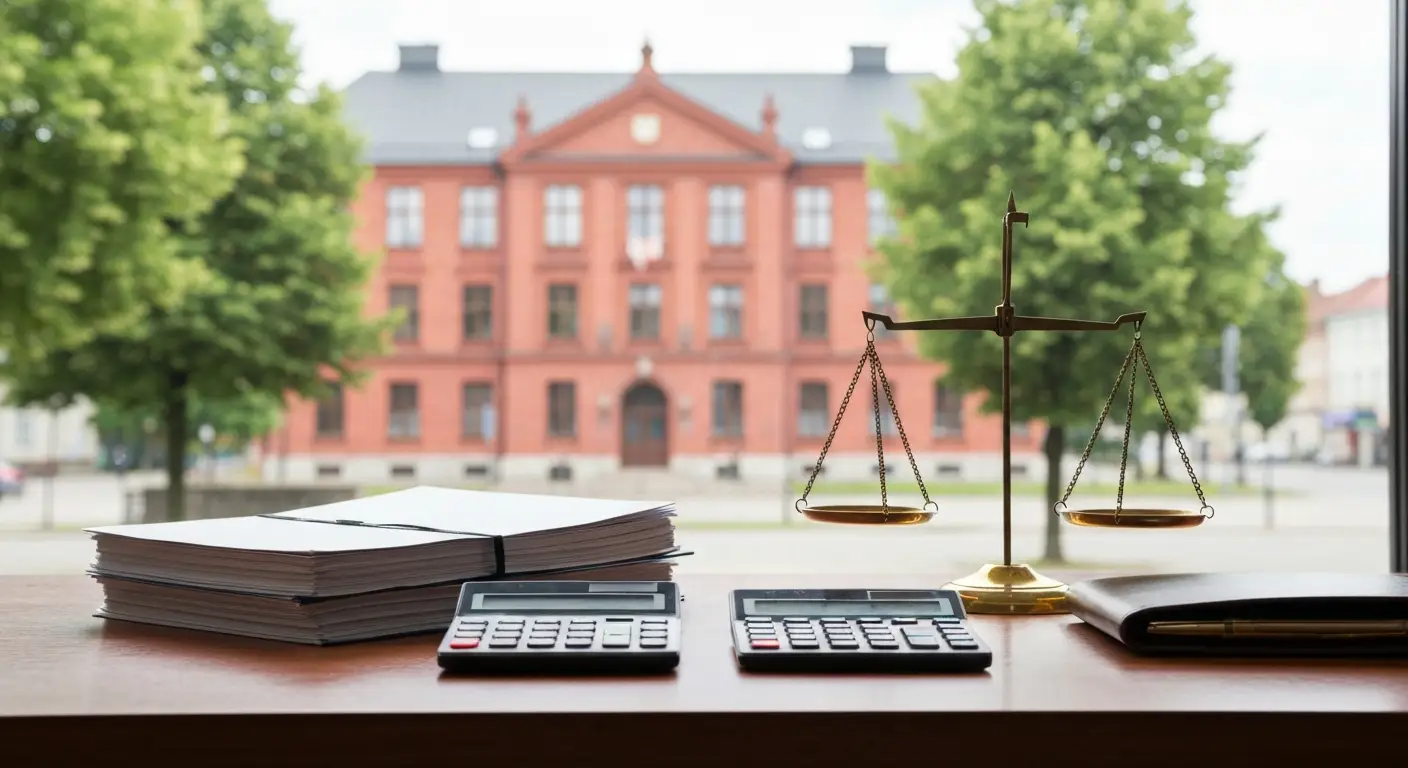 Dokumenty, kalkulator i waga na stole przed sądem pracy w Olsztynie