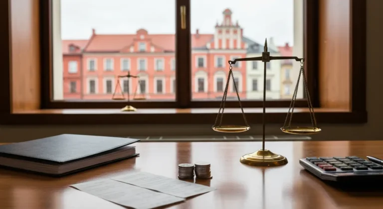 Dokumenty, monety i waga na biurku kancelarii na tle Olsztyna