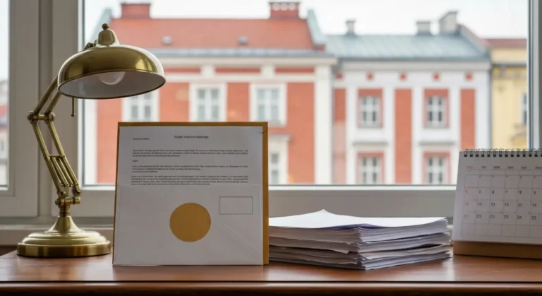 Koperta z sądową korespondencją i dokumenty na biurku, w tle architektura Olsztyna