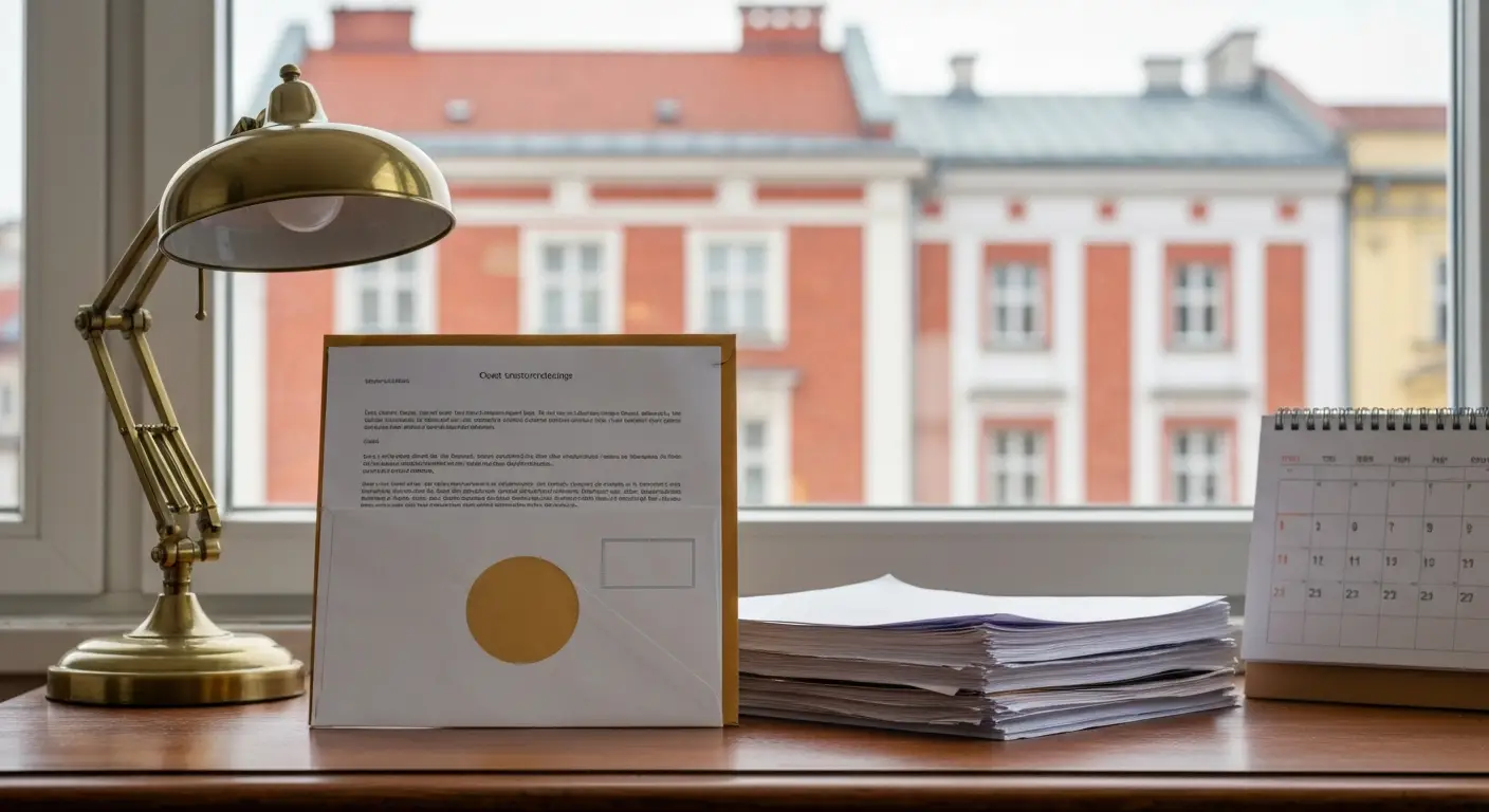 Koperta z sądową korespondencją i dokumenty na biurku, w tle architektura Olsztyna