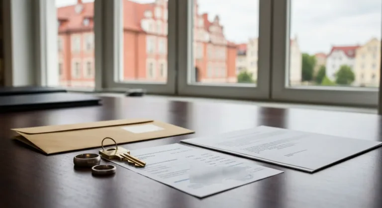 Dokumenty, obrączki i klucz do nieruchomości na biurku na tle olsztyńskiej ceglanej zabudowy