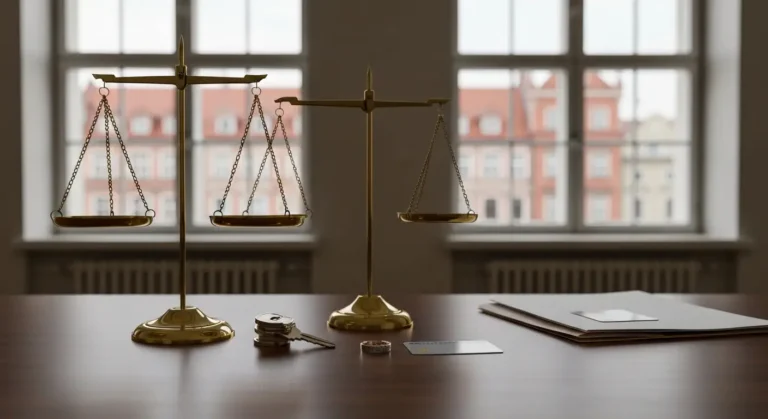 Waga sądowa, klucze do mieszkania i dokumenty o podziale majątku na tle Olsztyna