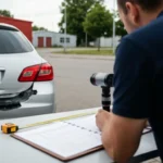 Rzeczoznawca ogląda uszkodzony samochód przed warsztatem w Olsztynie