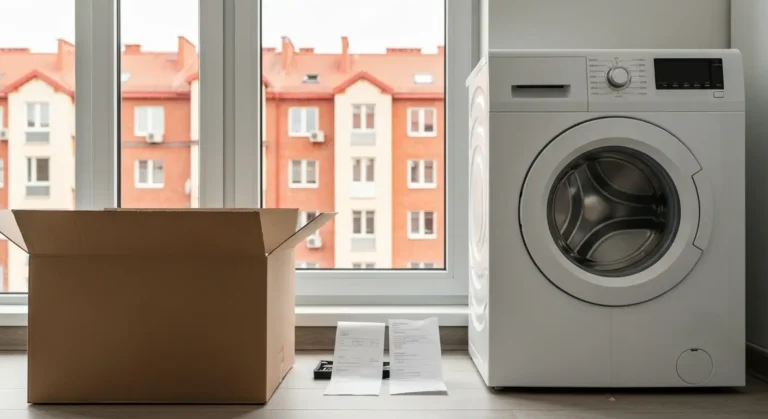 Uszkodzona pralka i dokumenty reklamacyjne w mieszkaniu w Olsztynie