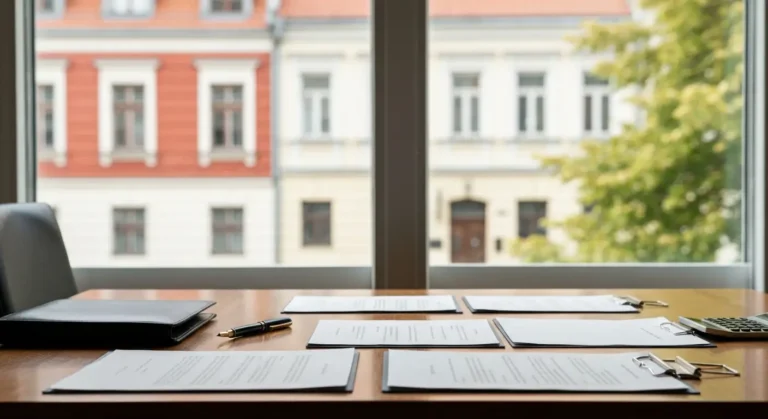 Dokumenty umowy handlowej na stole w biurze z widokiem na zabudowę Olsztyna