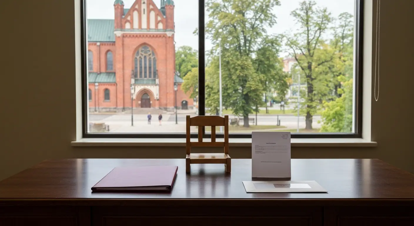 Dokumenty spadkowe i dziecięce krzesło w kancelarii na tle olsztyńskiej architektury