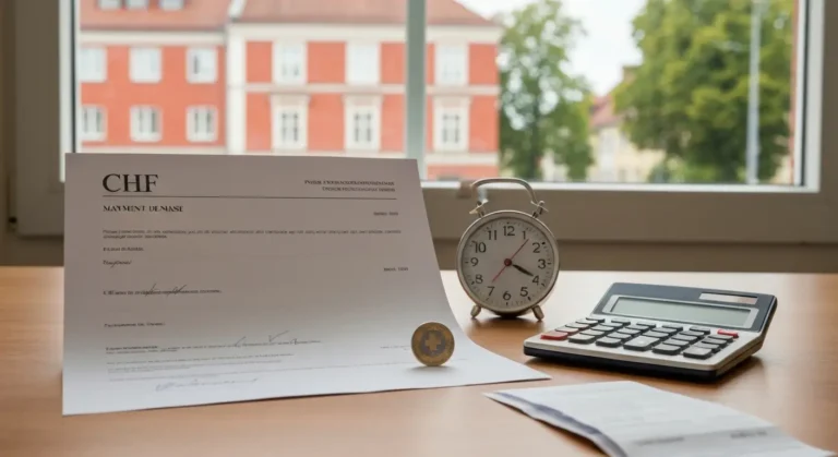 Dokumenty kredytu CHF, potwierdzenie wezwania do zapłaty i zegar w kancelarii w Olsztynie