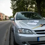 Uszkodzony samochód z kosztorysem naprawy na spokojnej ulicy w Olsztynie
