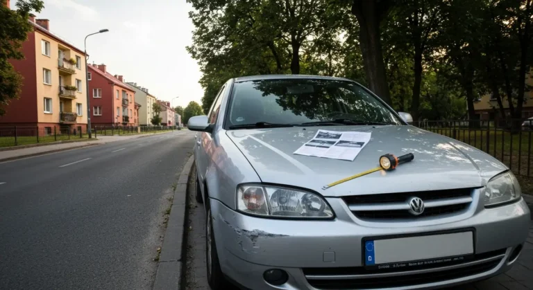 Uszkodzony samochód z kosztorysem naprawy na spokojnej ulicy w Olsztynie