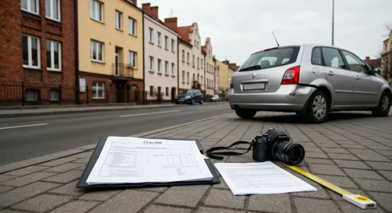 Uszkodzony samochód i dokumenty do zgłoszenia szkody z OC na ulicy w Olsztynie