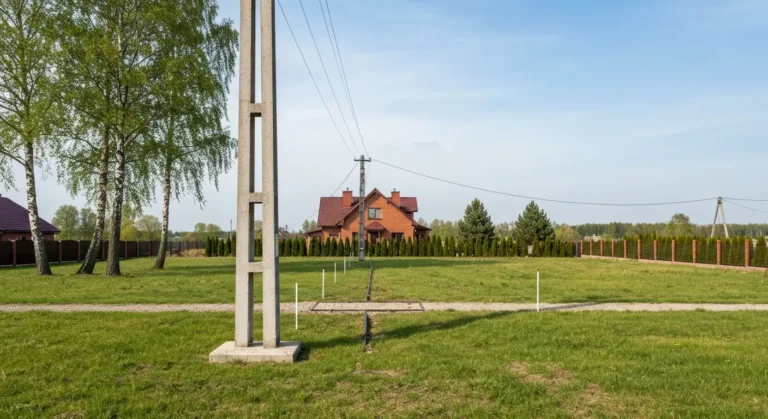 Słup energetyczny i linia przesyłowa na prywatnej działce pod Olsztynem