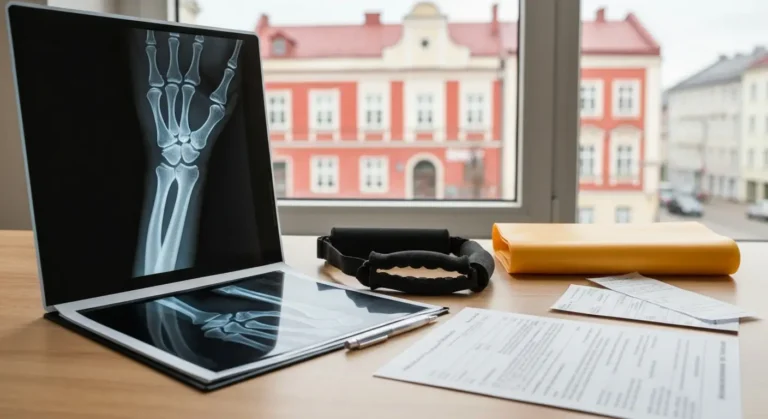 Dokumentacja medyczna, zdjęcie RTG nadgarstka i materiały rehabilitacyjne na biurku