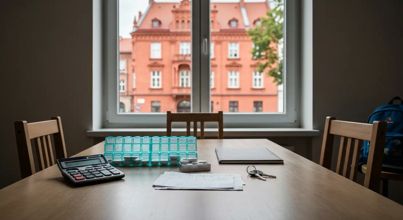 Pusty stół z domowymi przedmiotami i dokumentami, na tle zabudowy Olsztyna