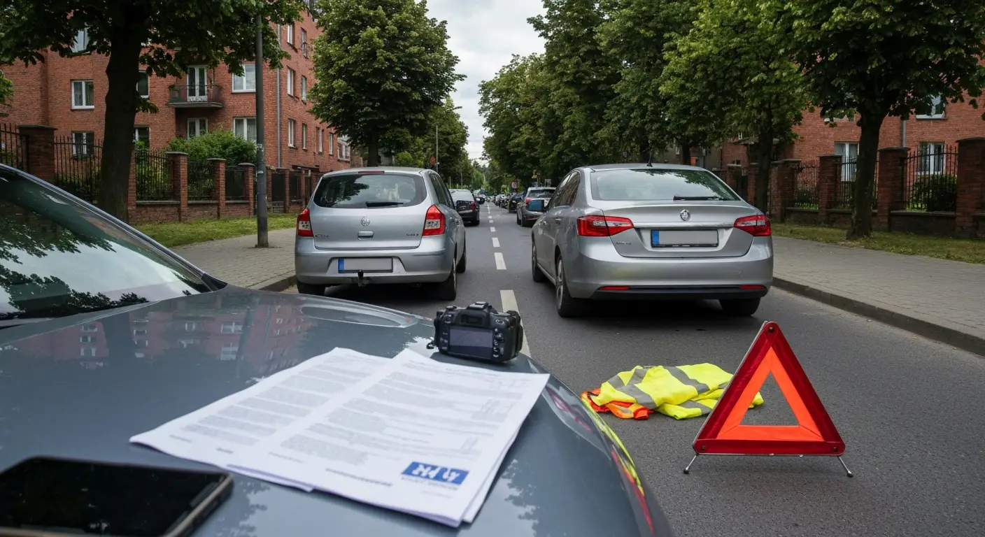 Dwa samochody po drobnej kolizji na ulicy w Olsztynie z dokumentami i trójkątem ostrzegawczym
