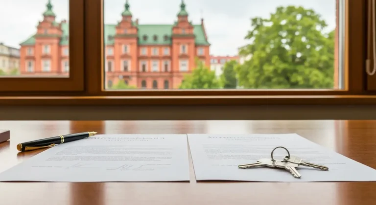 Dokumenty pełnomocnictwa i pieczęć firmowa na biurku z widokiem na zabudowę Olsztyna