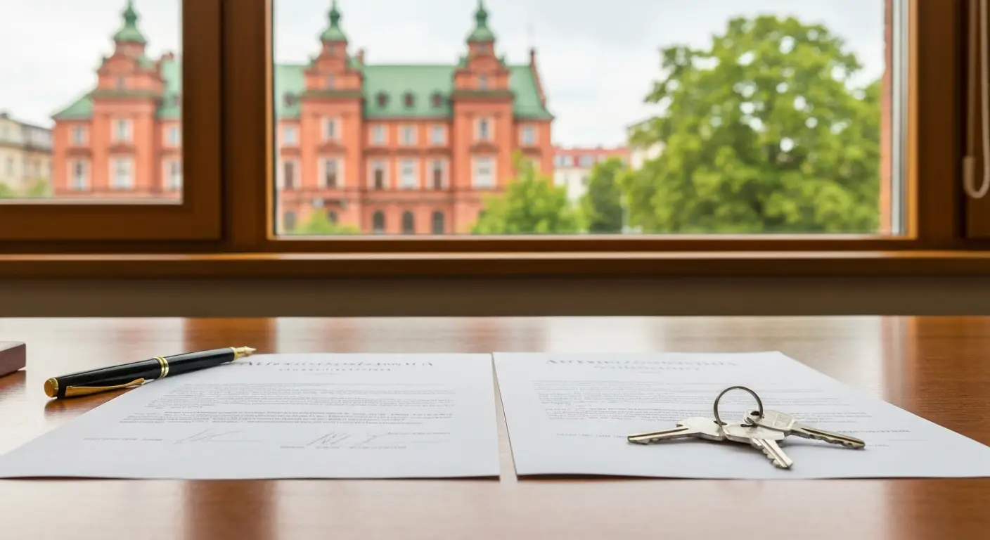 Dokumenty pełnomocnictwa i pieczęć firmowa na biurku z widokiem na zabudowę Olsztyna