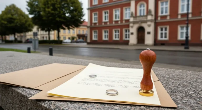 Dokumenty rozwodowe i obrączki przed budynkiem sądu w Olsztynie