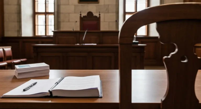 Sala sądowa w Olsztynie z aktami sprawy kredytu frankowego na stole