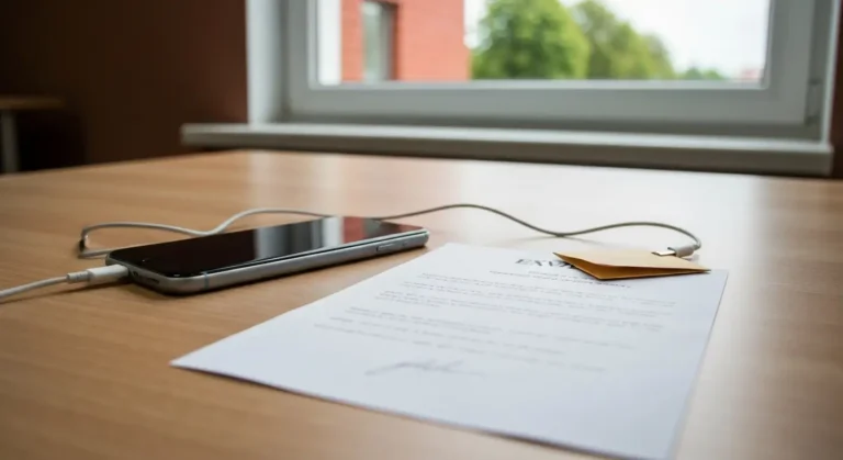 Telefon z problemem ładowania i dokumentacja reklamacyjna na biurku w kancelarii w Olsztynie